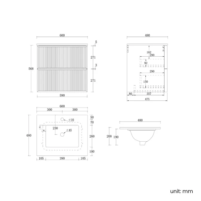 Bora Natural Walnut Carrara Marble Wall Hung Vanity Drawer & Undermount Basin 600mm