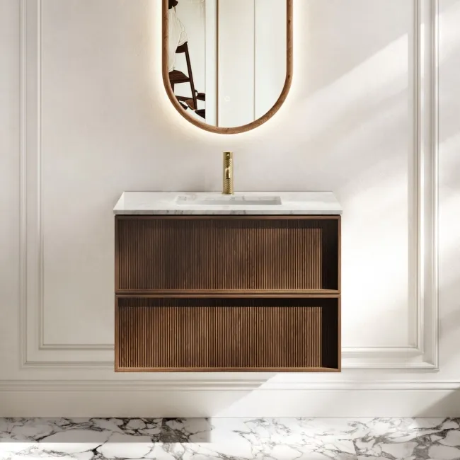 Bora Natural Walnut Carrara Marble Wall Hung Vanity Drawer & Undermount Basin 800mm