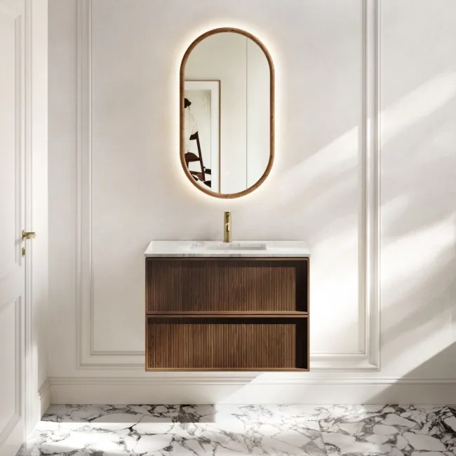 Bora Natural Walnut Carrara Marble Wall Hung Vanity Drawer & Undermount Basin 800mm