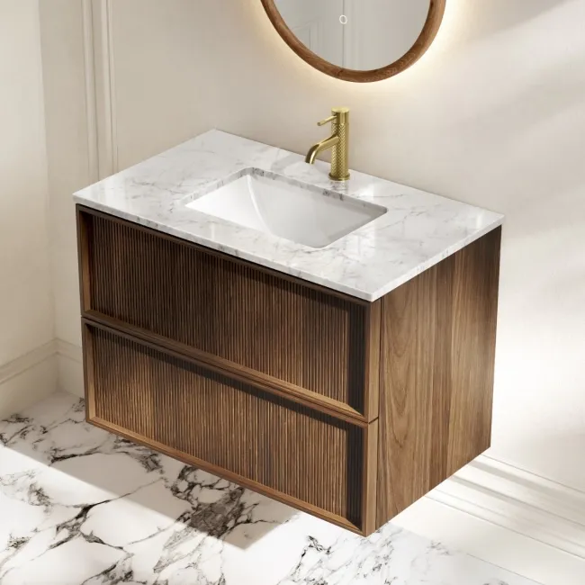 Bora Natural Walnut Carrara Marble Wall Hung Vanity Drawer & Undermount Basin 800mm