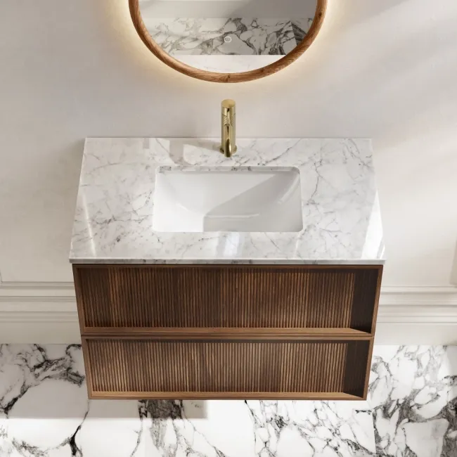 Bora Natural Walnut Carrara Marble Wall Hung Vanity Drawer & Undermount Basin 800mm