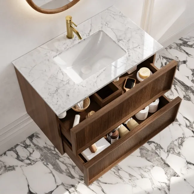 Bora Natural Walnut Carrara Marble Wall Hung Vanity Drawer & Undermount Basin 800mm