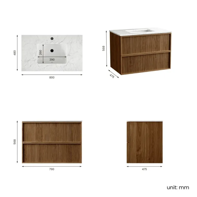 Bora Natural Walnut Carrara Marble Wall Hung Vanity Drawer & Undermount Basin 800mm