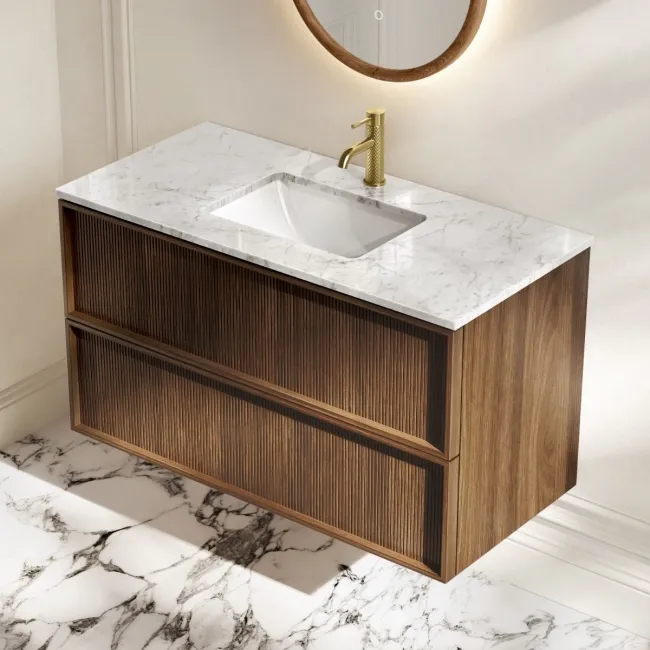 Bora Natural Walnut Carrara Marble Wall Hung Vanity Drawer & Undermount Basin 1000mm