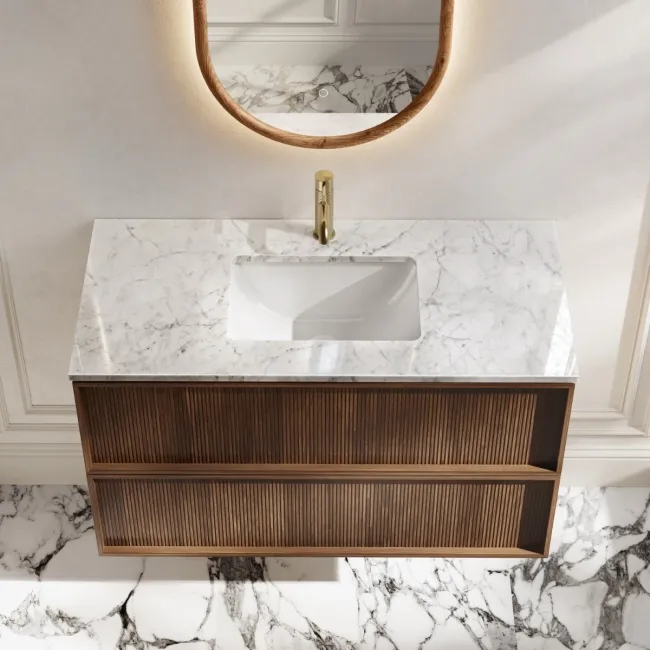 Bora Natural Walnut Carrara Marble Wall Hung Vanity Drawer & Undermount Basin 1000mm