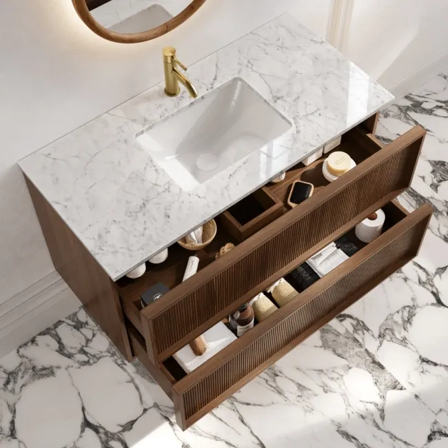 Bora Natural Walnut Carrara Marble Wall Hung Vanity Drawer & Undermount Basin 1000mm