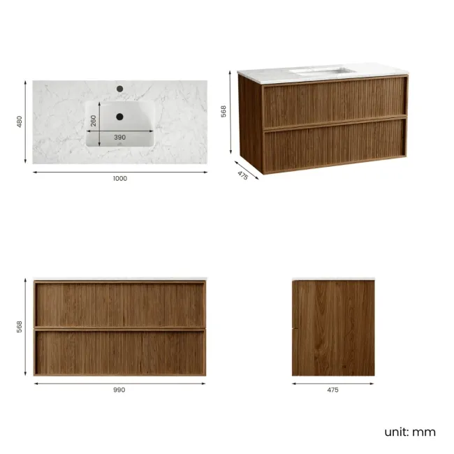 Bora Natural Walnut Carrara Marble Wall Hung Vanity Drawer & Undermount Basin 1000mm