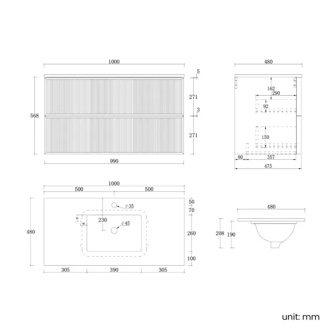 Bora Natural Walnut Carrara Marble Wall Hung Vanity Drawer & Undermount Basin 1000mm