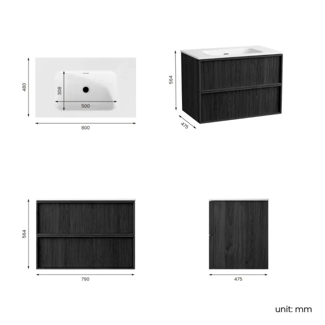 Bora Black Oak Wall Hung Basin Drawer Vanity 800mm