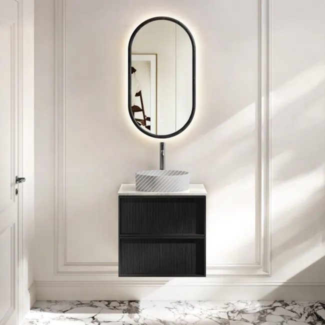 Bora Black Oak Wall Hung Vanity Drawer with Carrara Marble Top 600mm - Basin Not Included