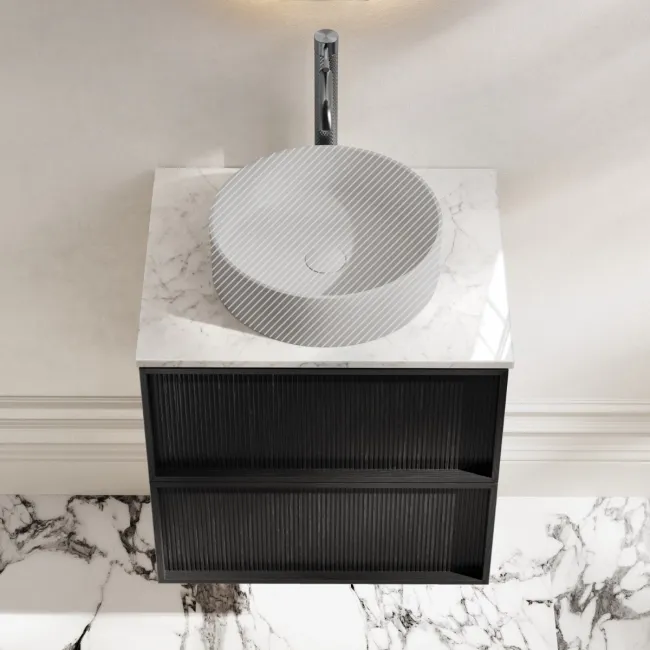Bora Black Oak Wall Hung Vanity Drawer with Carrara Marble Top 600mm - Basin Not Included