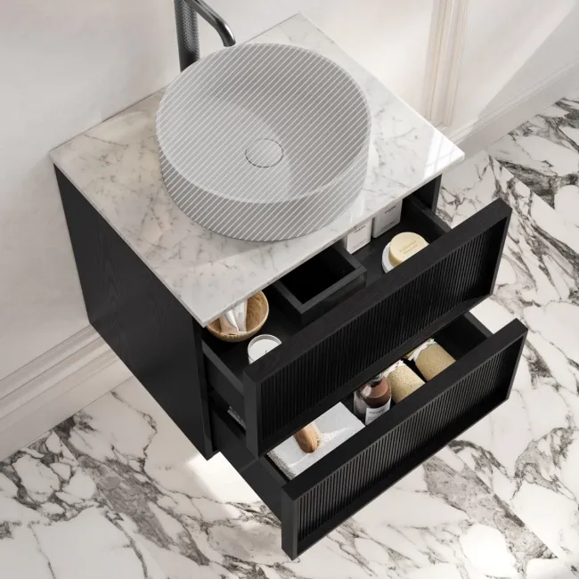 Bora Black Oak Wall Hung Vanity Drawer with Carrara Marble Top 600mm - Basin Not Included