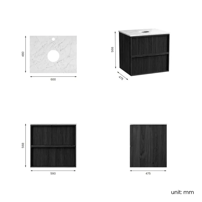 Bora Black Oak Wall Hung Vanity Drawer with Carrara Marble Top 600mm - Basin Not Included