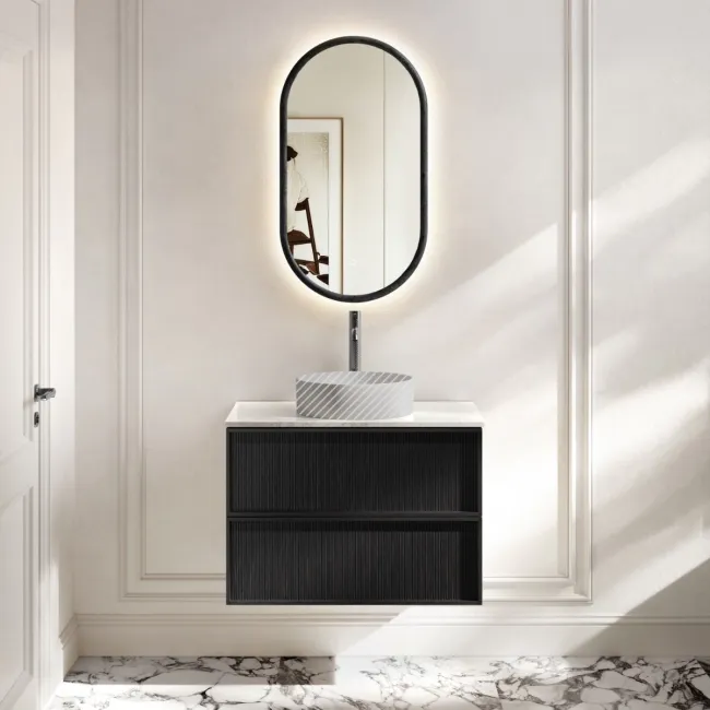 Bora Black Oak Wall Hung Vanity Drawer with Carrara Marble Top 800mm - Basin Not Included