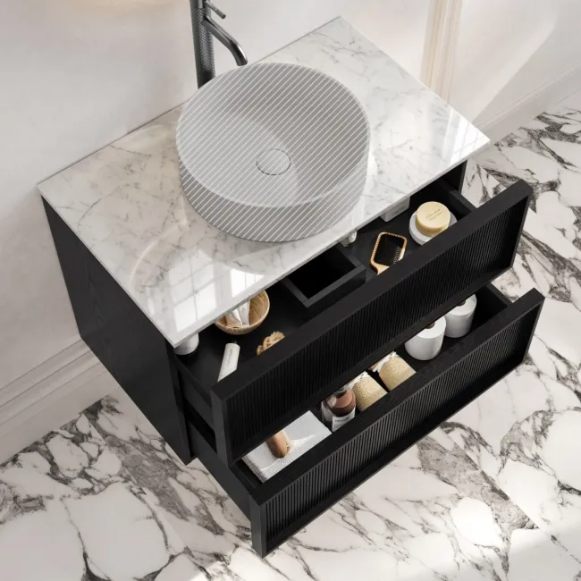 Bora Black Oak Wall Hung Vanity Drawer with Carrara Marble Top 800mm - Basin Not Included