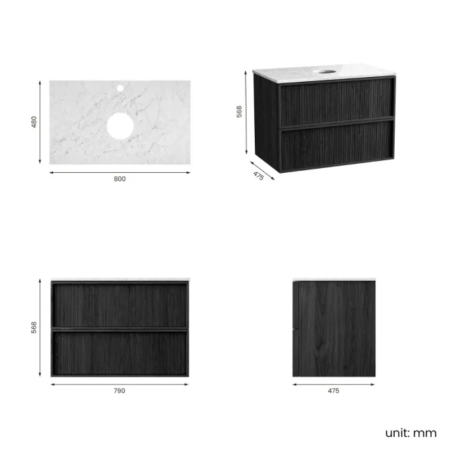 Bora Black Oak Wall Hung Vanity Drawer with Carrara Marble Top 800mm - Basin Not Included