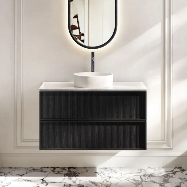 Bora Black Oak Wall Hung Vanity Drawer with Carrara Marble Top 1000mm - Basin Not Included
