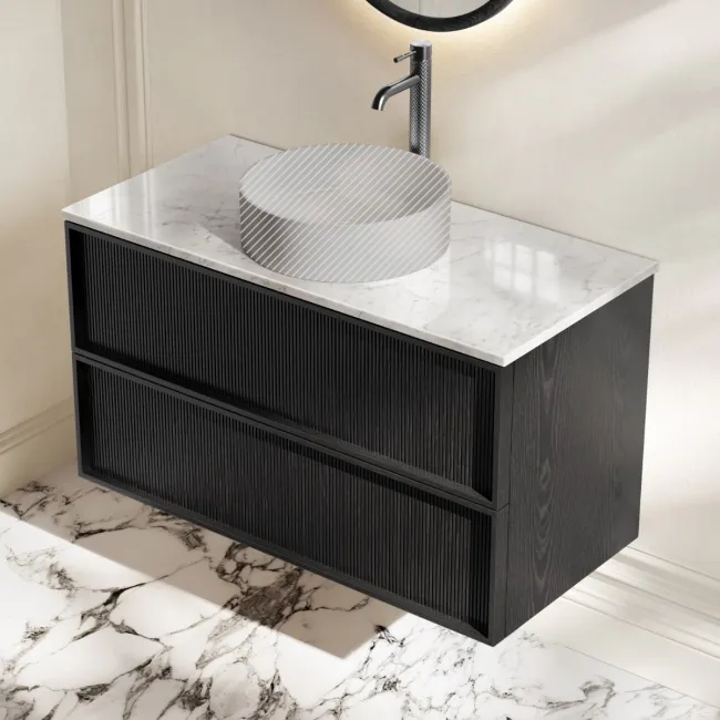 Bora Black Oak Wall Hung Vanity Drawer with Carrara Marble Top 1000mm - Basin Not Included