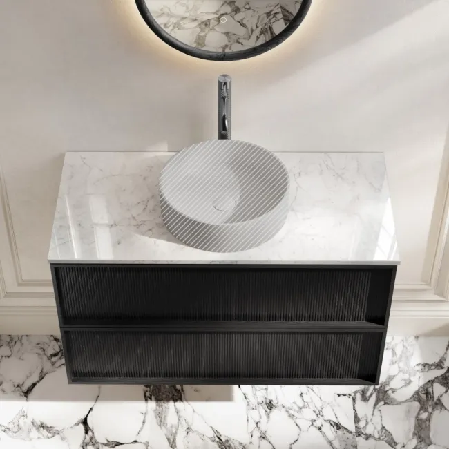 Bora Black Oak Wall Hung Vanity Drawer with Carrara Marble Top 1000mm - Basin Not Included
