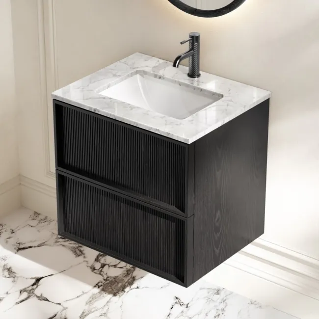 Bora Black Oak Carrara Marble Wall Hung Vanity Drawer & Undermount Basin 600mm