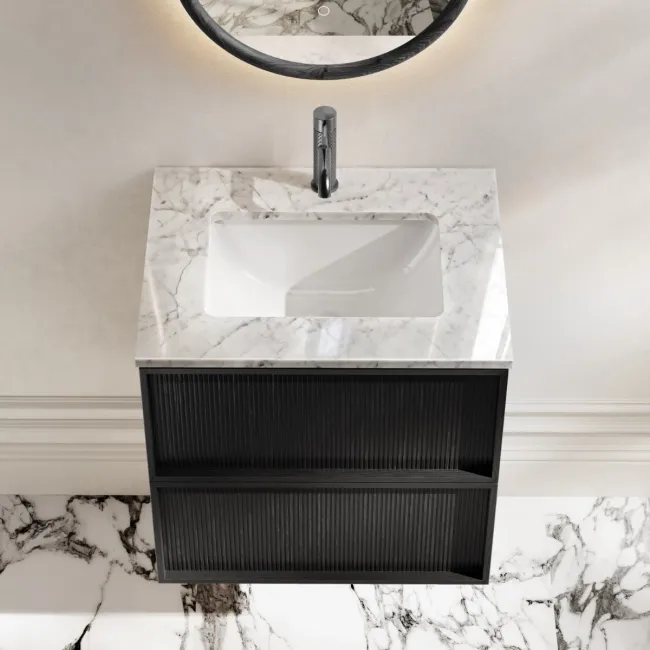 Bora Black Oak Carrara Marble Wall Hung Vanity Drawer & Undermount Basin 600mm