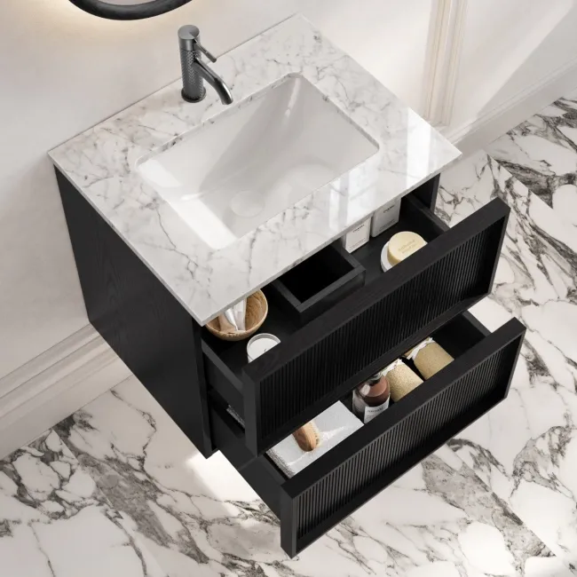 Bora Black Oak Carrara Marble Wall Hung Vanity Drawer & Undermount Basin 600mm