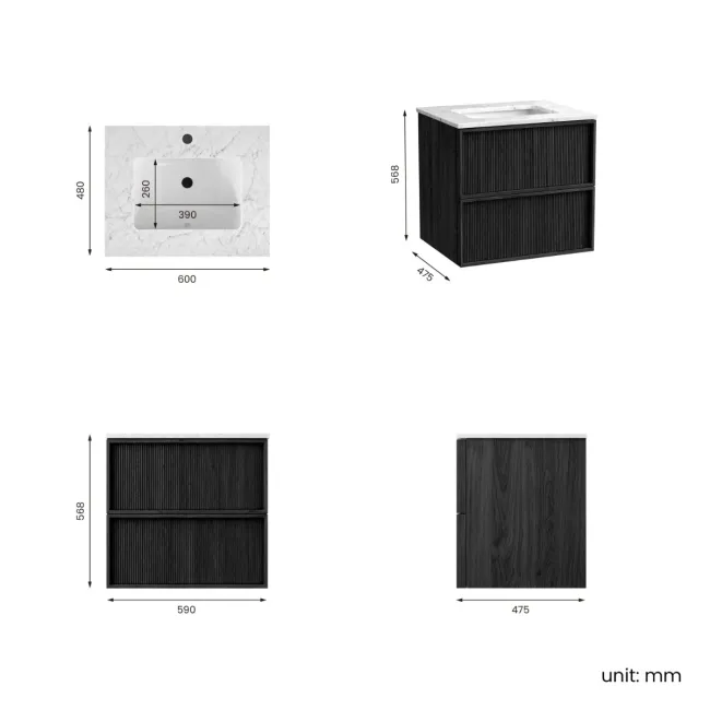 Bora Black Oak Carrara Marble Wall Hung Vanity Drawer & Undermount Basin 600mm