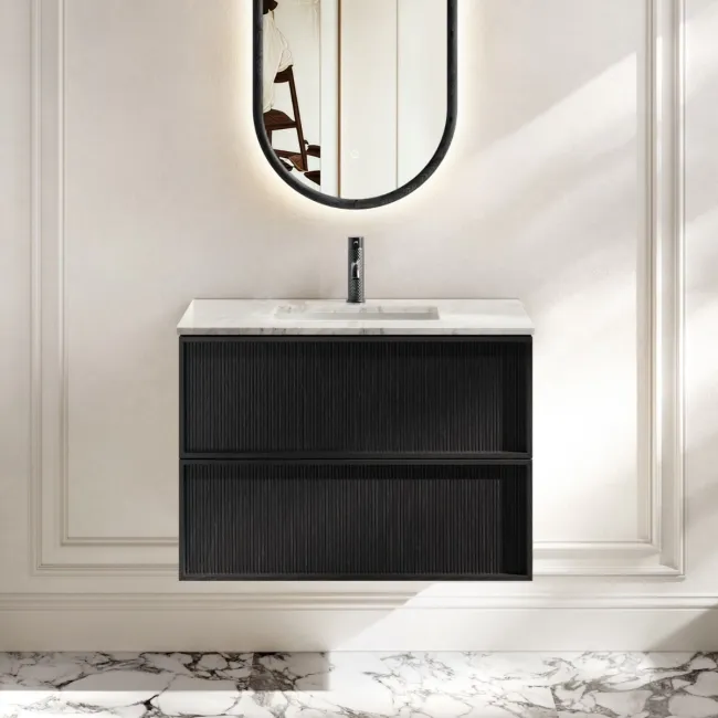Bora Black Oak Carrara Marble Wall Hung Vanity Drawer & Undermount Basin 800mm