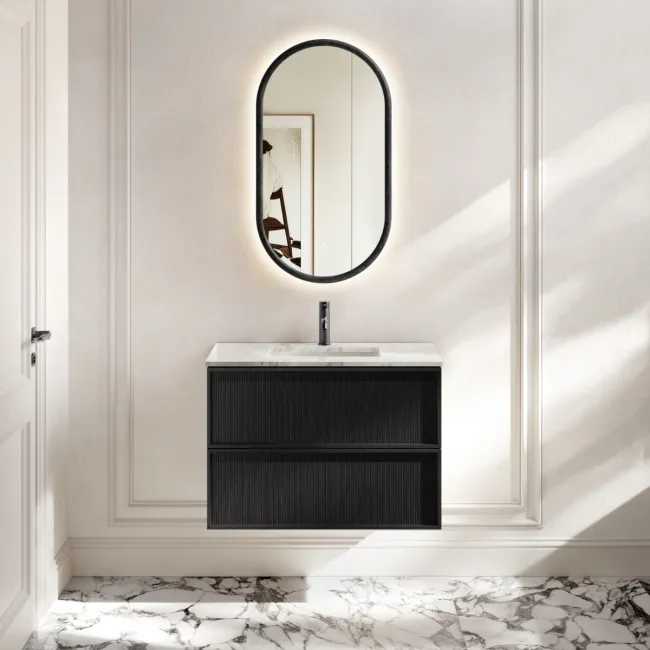 Bora Black Oak Carrara Marble Wall Hung Vanity Drawer & Undermount Basin 800mm