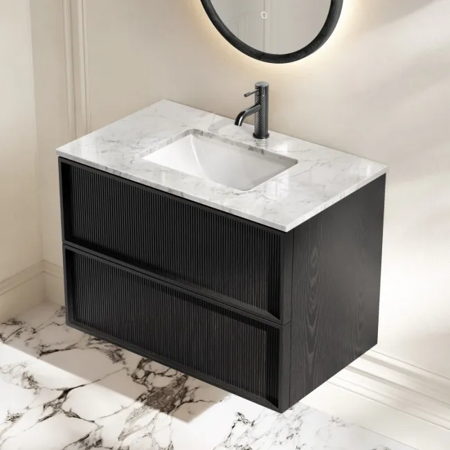 Bora Black Oak Carrara Marble Wall Hung Vanity Drawer & Undermount Basin 800mm