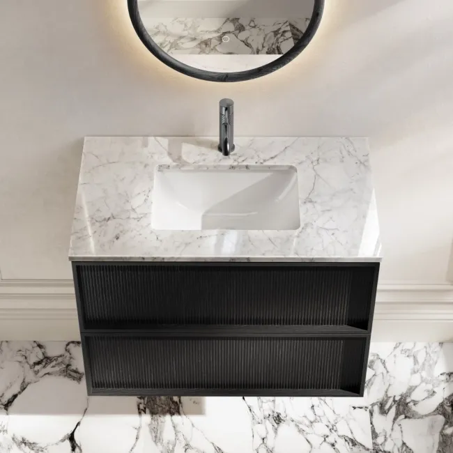 Bora Black Oak Carrara Marble Wall Hung Vanity Drawer & Undermount Basin 800mm