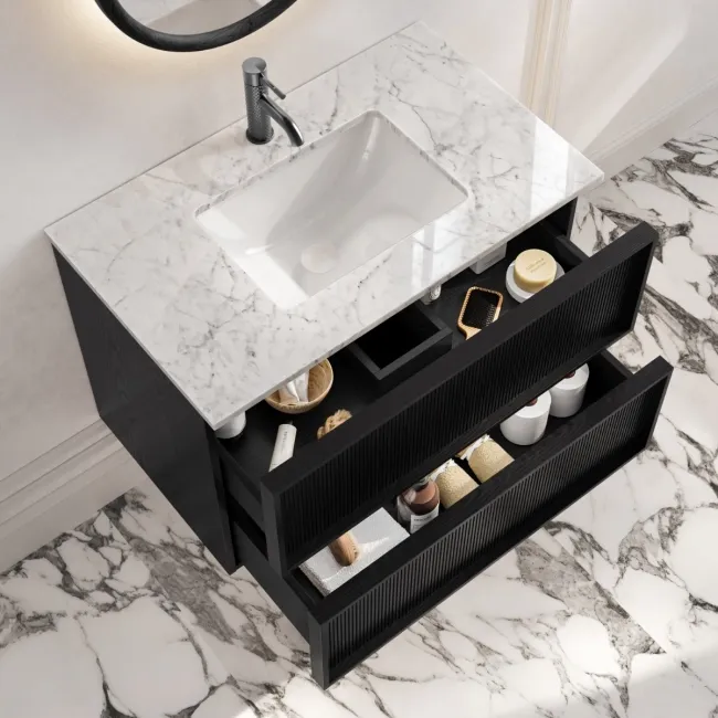 Bora Black Oak Carrara Marble Wall Hung Vanity Drawer & Undermount Basin 800mm