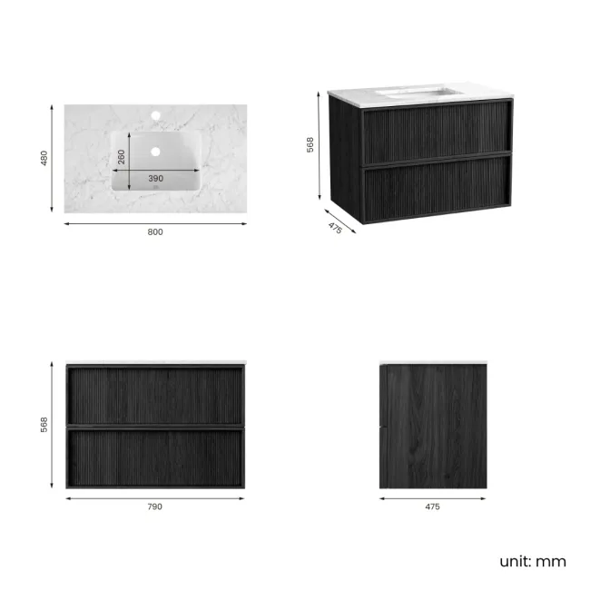 Bora Black Oak Carrara Marble Wall Hung Vanity Drawer & Undermount Basin 800mm