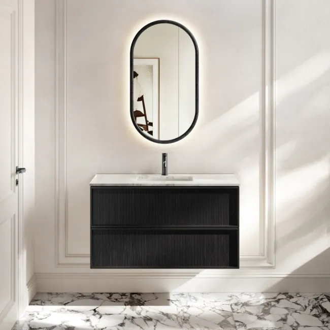 Bora Black Oak Carrara Marble Wall Hung Vanity Drawer & Undermount Basin 1000mm
