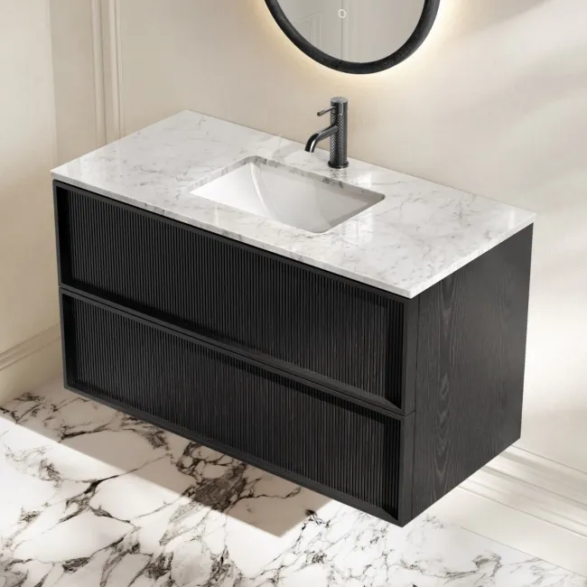 Bora Black Oak Carrara Marble Wall Hung Vanity Drawer & Undermount Basin 1000mm