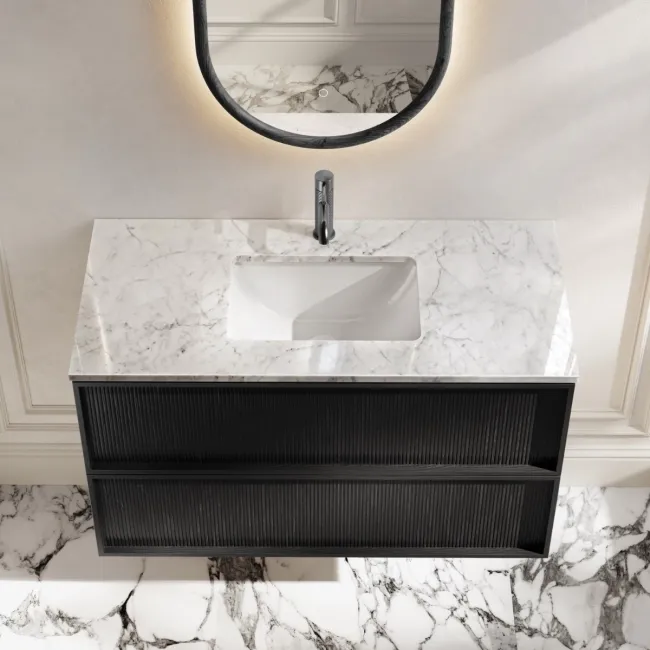 Bora Black Oak Carrara Marble Wall Hung Vanity Drawer & Undermount Basin 1000mm