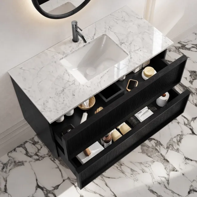 Bora Black Oak Carrara Marble Wall Hung Vanity Drawer & Undermount Basin 1000mm