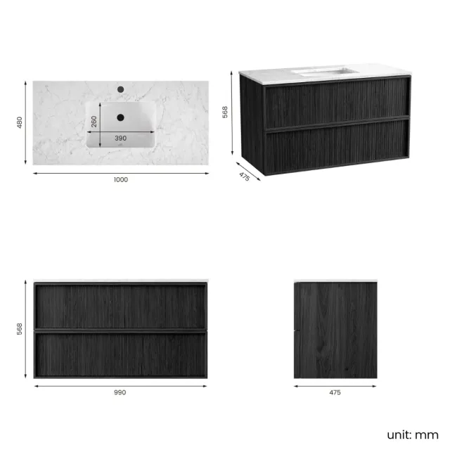 Bora Black Oak Carrara Marble Wall Hung Vanity Drawer & Undermount Basin 1000mm