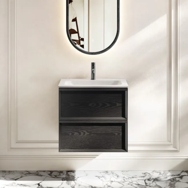 Kos Black Oak Wall Hung Basin Drawer Vanity 600mm
