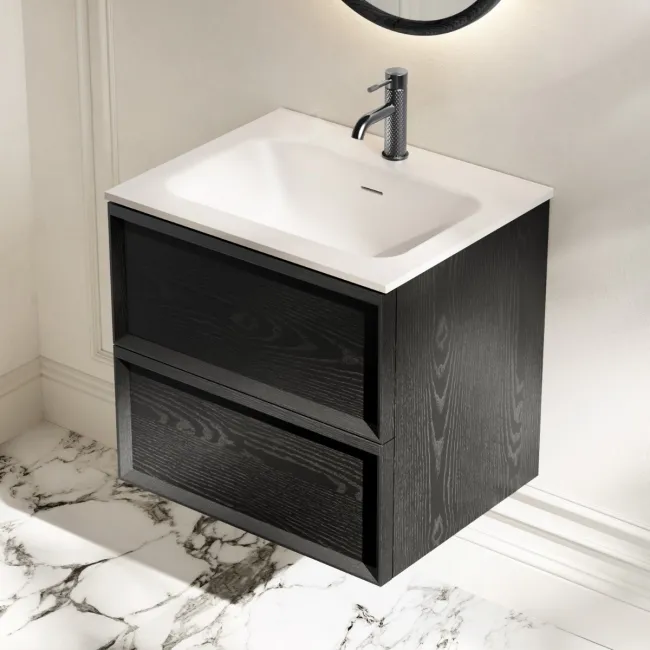 Kos Black Oak Wall Hung Basin Drawer Vanity 600mm