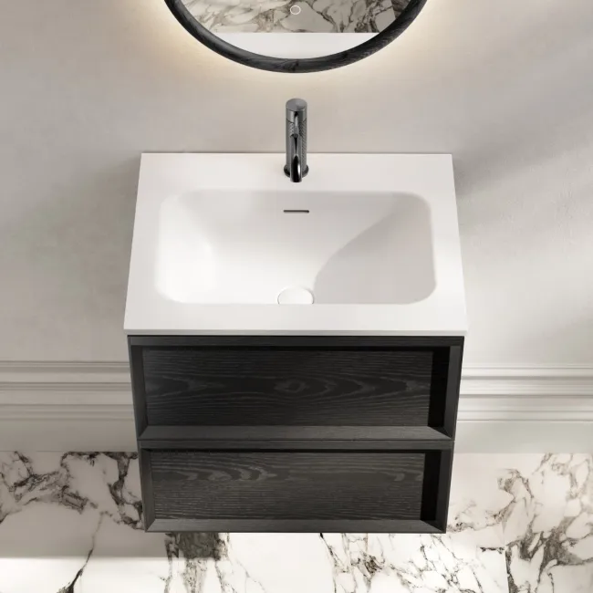 Kos Black Oak Wall Hung Basin Drawer Vanity 600mm