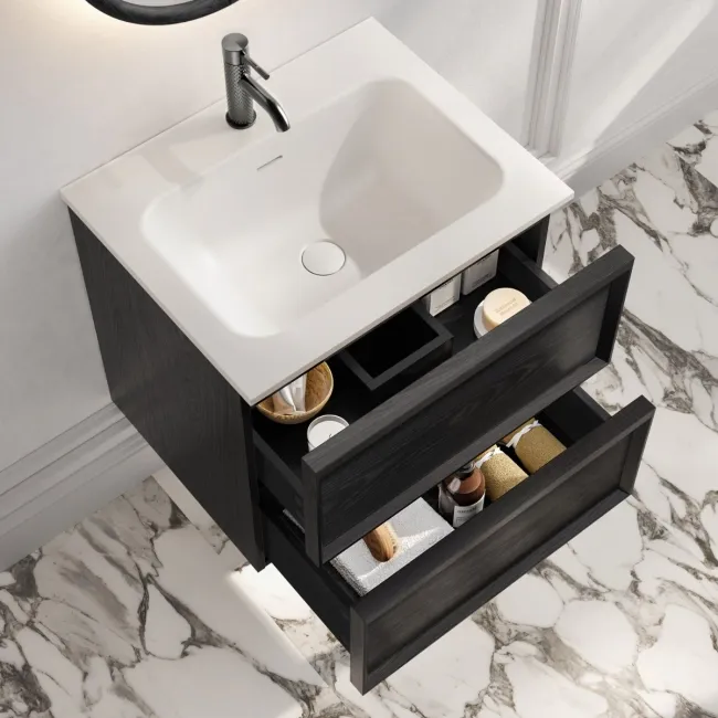 Kos Black Oak Wall Hung Basin Drawer Vanity 600mm