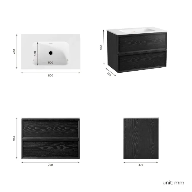 Kos Black Oak Wall Hung Basin Drawer Vanity 800mm