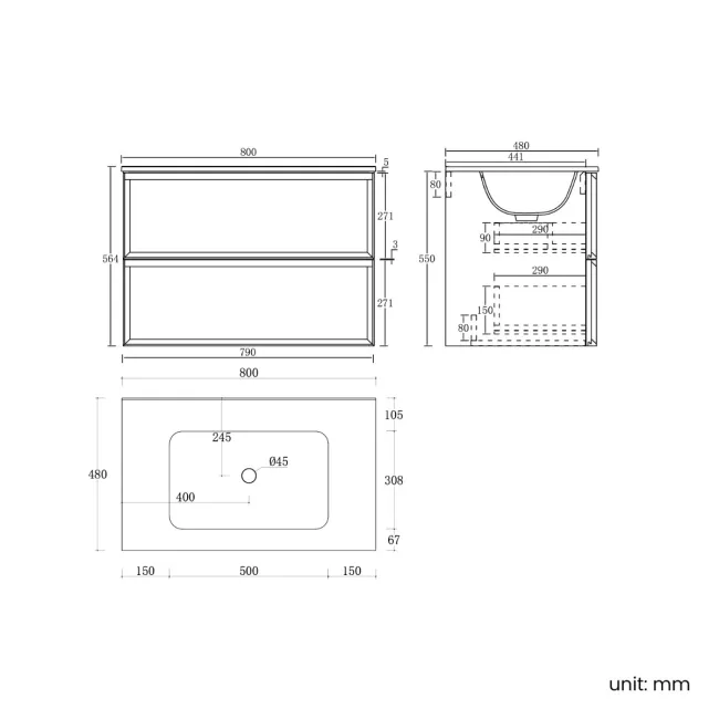 Kos Black Oak Wall Hung Basin Drawer Vanity 800mm