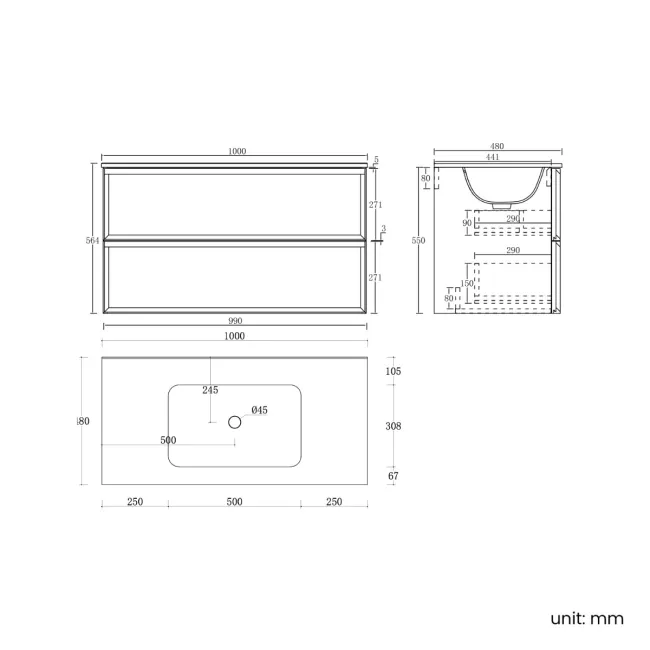 Kos Black Oak Wall Hung Basin Drawer Vanity 1000mm