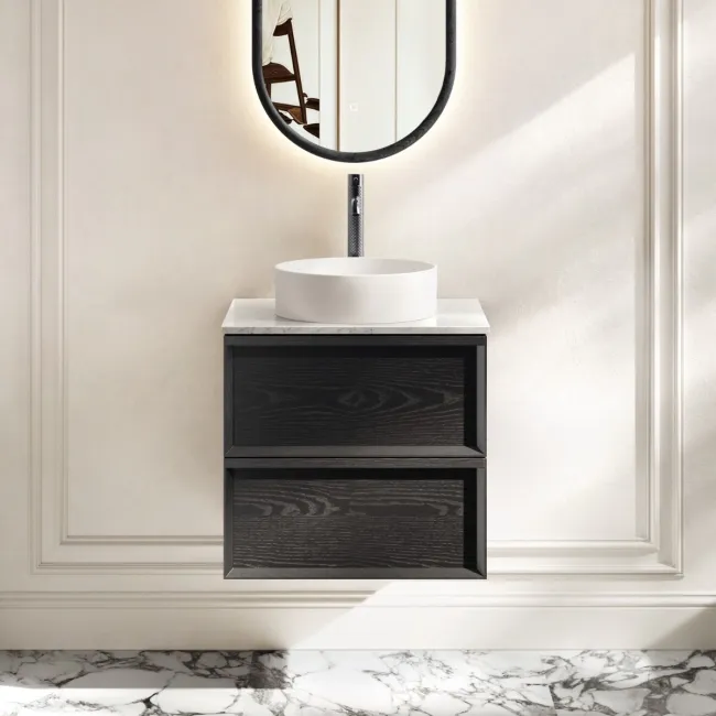 Kos Black Oak Wall Hung Vanity Drawer with Carrara Marble Top 600mm - Basin Not Included