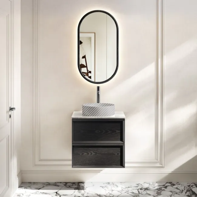 Kos Black Oak Wall Hung Vanity Drawer with Carrara Marble Top 600mm - Basin Not Included