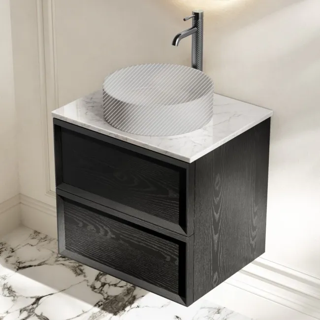 Kos Black Oak Wall Hung Vanity Drawer with Carrara Marble Top 600mm - Basin Not Included
