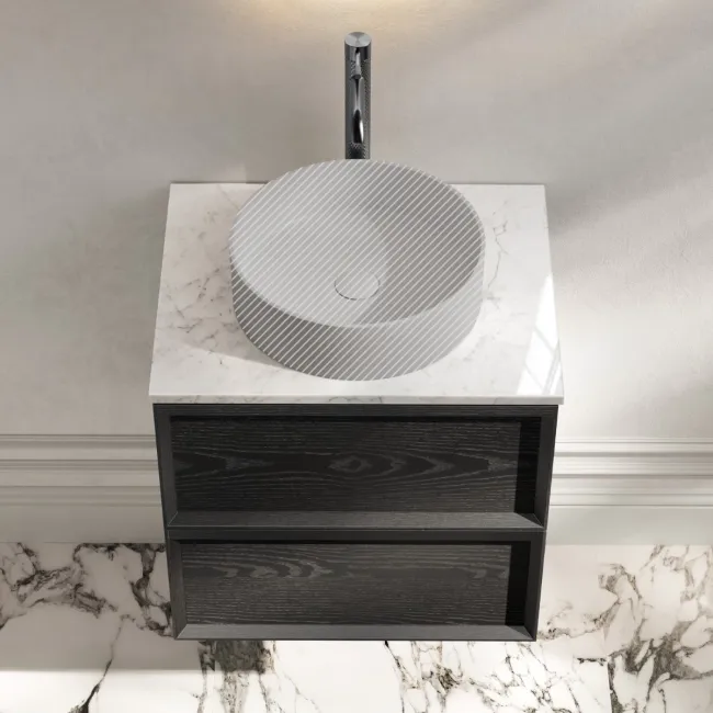 Kos Black Oak Wall Hung Vanity Drawer with Carrara Marble Top 600mm - Basin Not Included