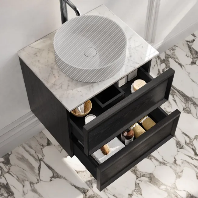 Kos Black Oak Wall Hung Vanity Drawer with Carrara Marble Top 600mm - Basin Not Included
